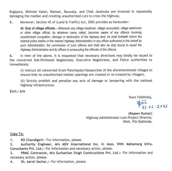 ਗੈਰਕਾਨੂੰਨੀ ਤਰੀਕੇ ਨਾਲ ਸੜਕਾਂ ਉਪਰ ਬਣੇ ‘ਕੱਟਾਂ’ ਕਾਰਨ ਵਾਪਰ ਸਕਦੇ ਹਨ ਵੱਡੇ ਹਾਦਸੇ : ਸੱਚਰ