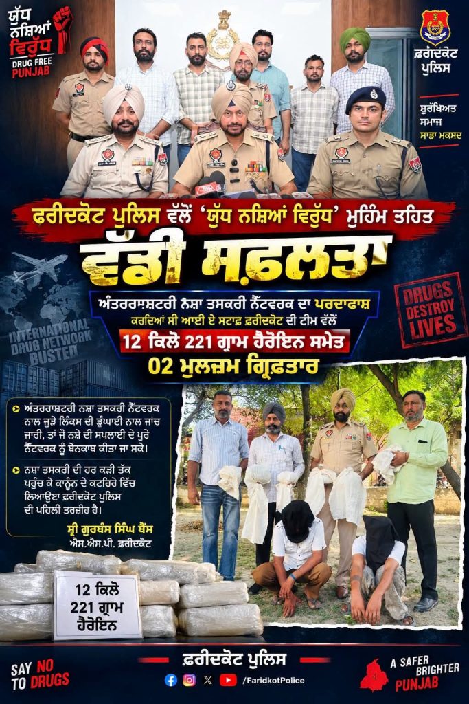 ਪੁਲਿਸ ਵੱਲੋਂ ‘ਯੁੱਧ ਨਸ਼ਿਆਂ ਵਿਰੁੱਧ’ ਮੁਹਿੰਮ ਤਹਿਤ ਵੱਡੀ ਸਫ਼ਲਤਾ ਅੰਤਰਰਾਸ਼ਟਰੀ ਨਸ਼ਾ ਤਸਕਰੀ ਨੈੱਟਵਰਕ ਦਾ ਪਰਦਾਫਾਸ਼