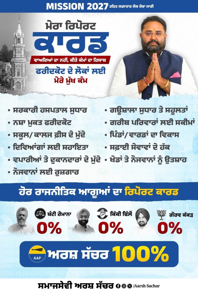ਮਿਸ਼ਨ 2027 ਵਾਅਦਿਆਂ ਦਾ ਨਹੀਂ, ਕੀਤੇ ਕੰਮਾਂ ਦਾ ਹਿਸਾਬ, ਅਰਸ਼ ਸੱਚਰ ਨੇ ਲੋਕਾਂ ਸਾਹਮਣੇ ਰੱਖਿਆ ਆਪਣਾ “ਰਿਪੋਰਟ ਕਾਰਡ”
